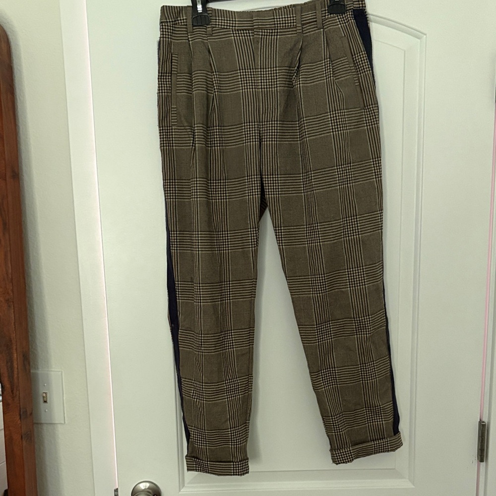 Urban Outfitters Plaid Khaki Tapered Pants with Navy Side Stripe